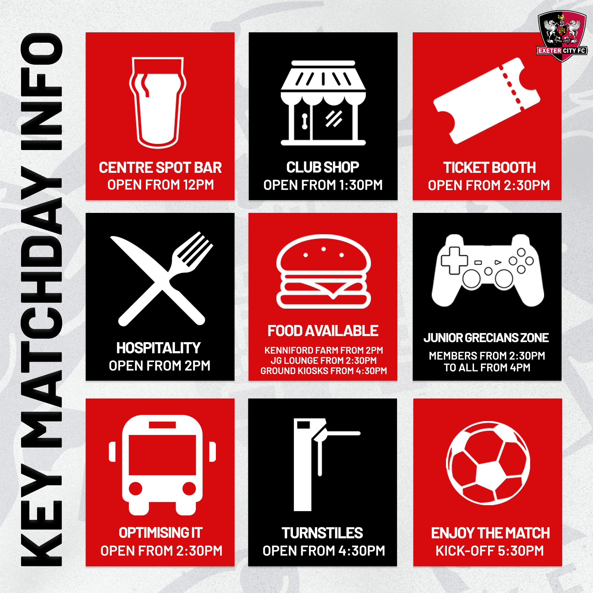 Key Matchday timings for 5:30pm